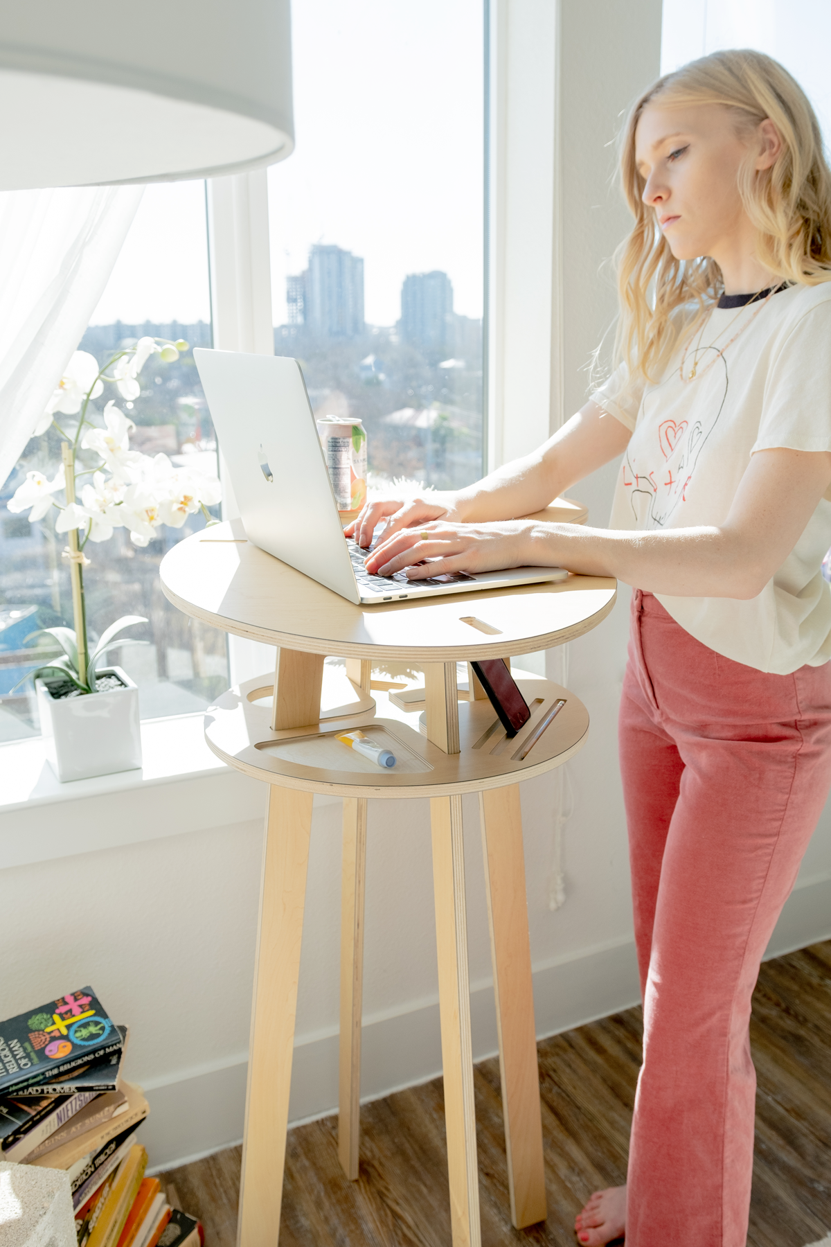 little bean standing updesk in all pink