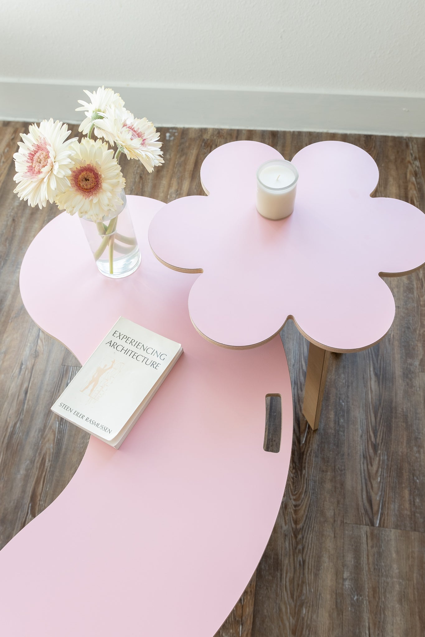 squiggle coffee table & flower no.1 side table in all pink